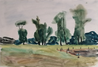 Weidelandschaft, Aquarell, 1968, 29 x 42 cm