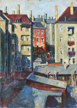 Leipzig Hinterhof, Öl auf Karton, 1968, 59 x 42 cm